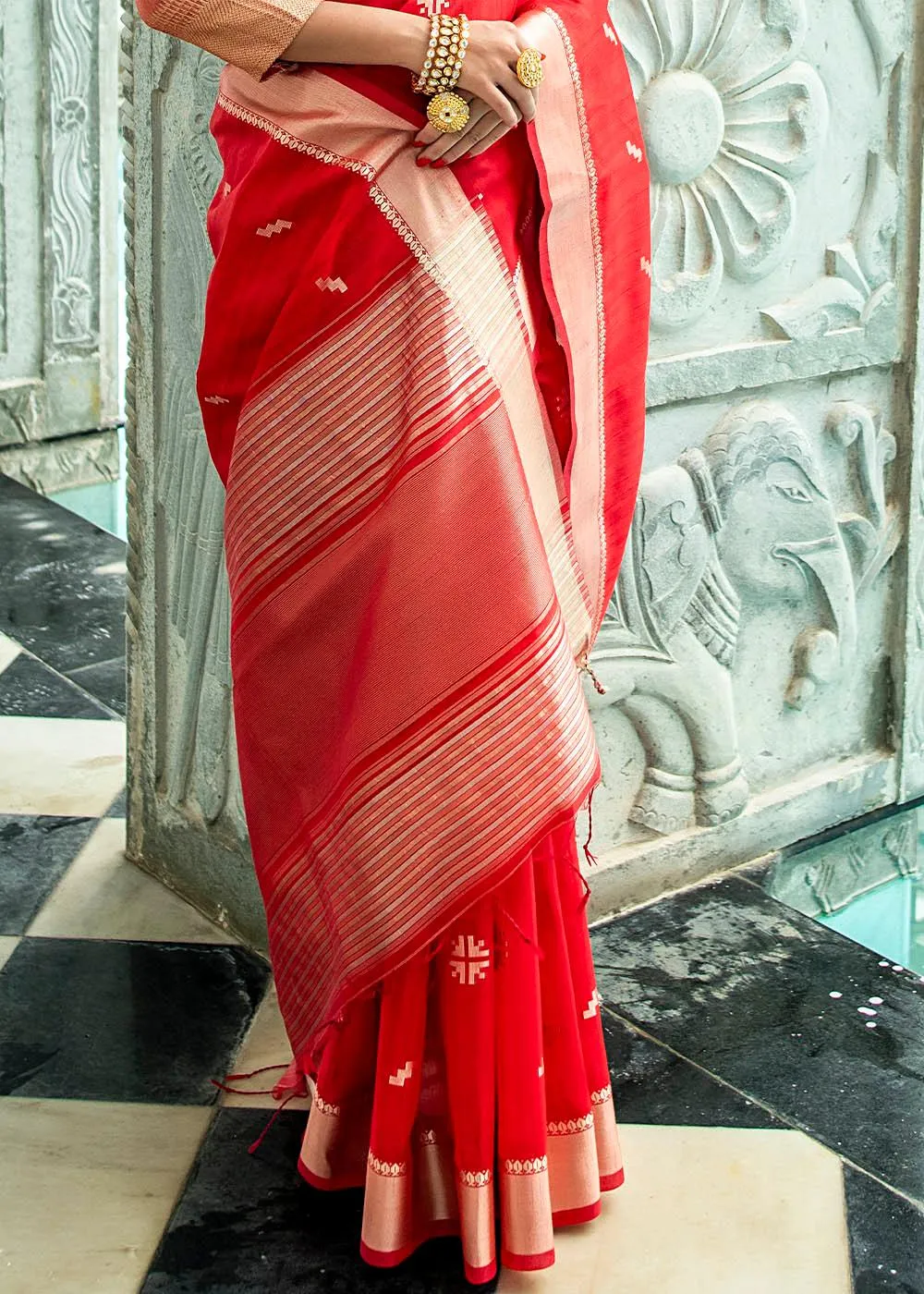 Crimson Red Zari Woven Tussar Silk Saree | Stitched Blouse