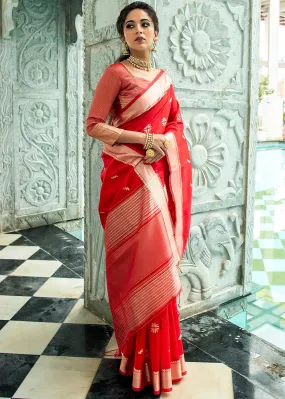 Crimson Red Zari Woven Tussar Silk Saree | Stitched Blouse