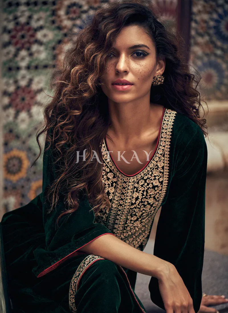 Dark Green And Maroon Embroidered Velvet Pant Suit
