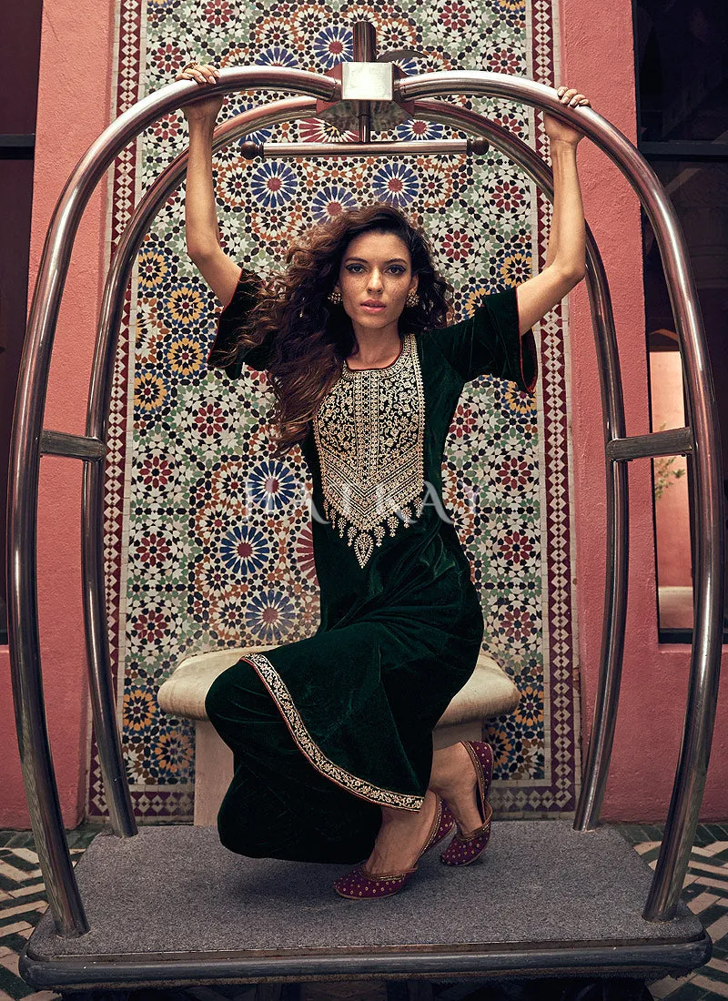 Dark Green And Maroon Embroidered Velvet Pant Suit