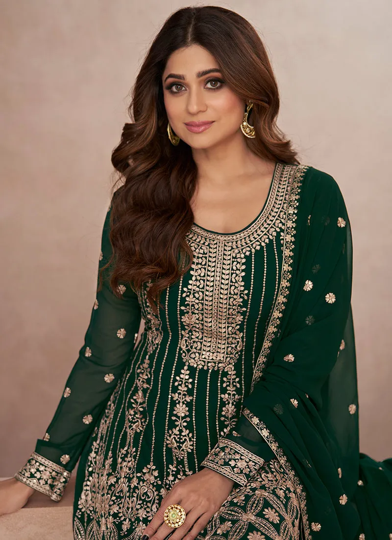 Dark Green Embroidery Festive Anarkali Palazzo Suit
