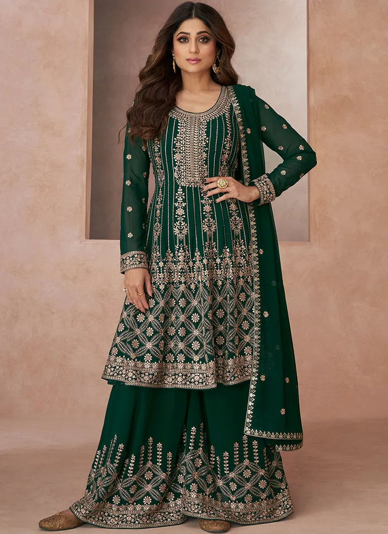 Dark Green Embroidery Festive Anarkali Palazzo Suit