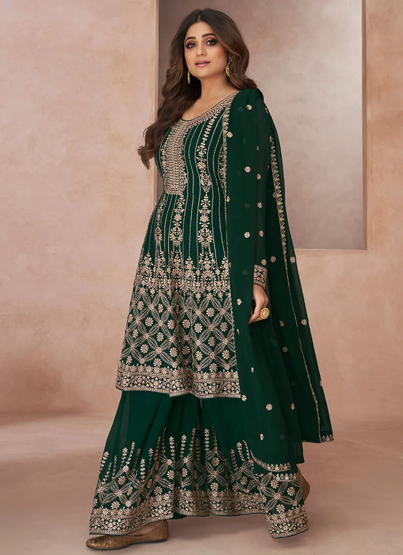 Dark Green Embroidery Festive Anarkali Palazzo Suit
