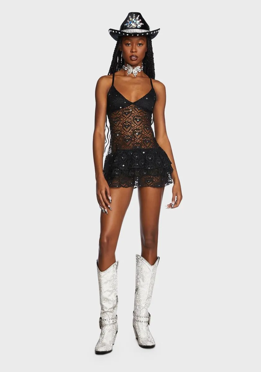 Dark Stilettos On Lace Rhinestone Dress