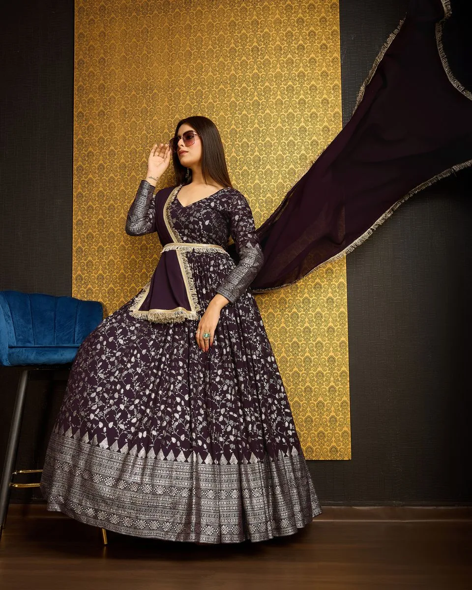 Dark Wine Printed Anarkali Gown With Dupatta