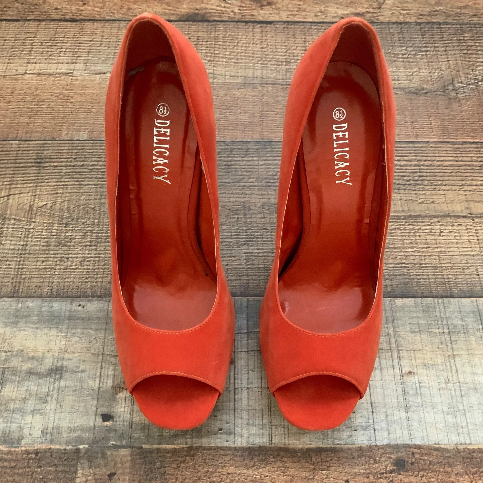 Delicacy Pink Suede Peep Toe Platform Stilettos- Size 8.5 (see notes)