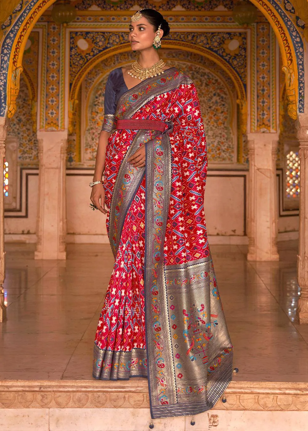 Designer Silk Saree in Crimson Red Patola Print