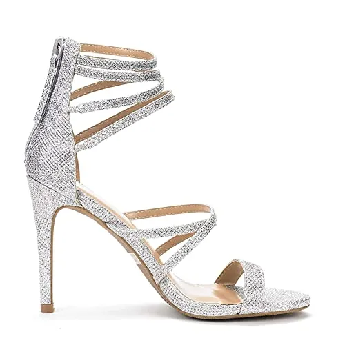DREAM PAIRS Show Women's Stilettos Ankle Strap High Heels Sandals Open Toe Party Shoes Silver Glitter