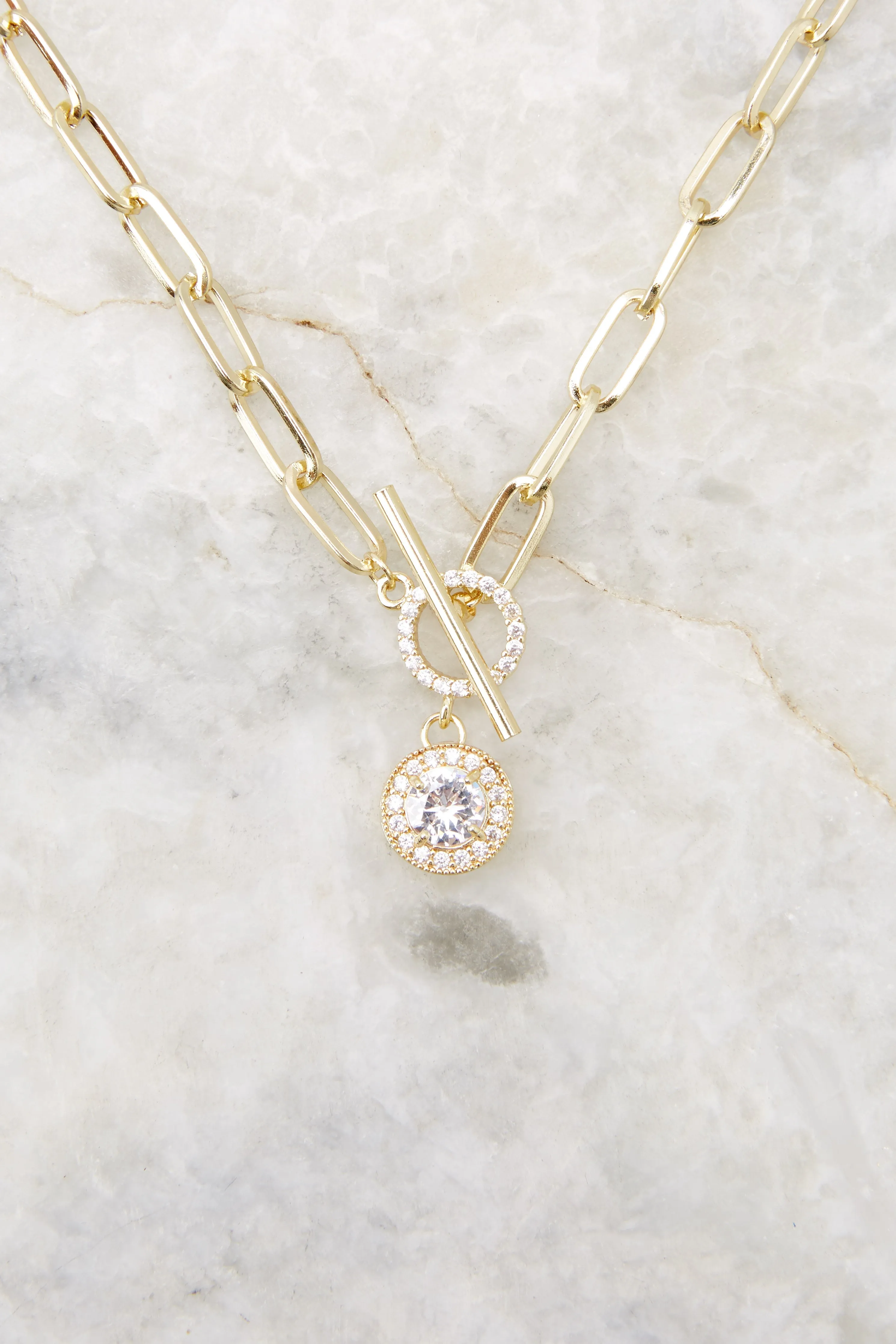 Drop Crystal Toggle Gold Necklace