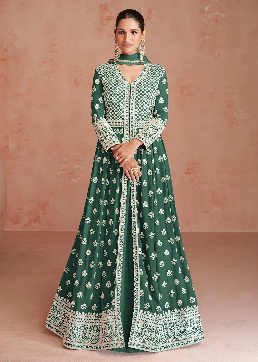 Dusty Green Slit Style Embroidered Georgette Skirt Anarkali Suit