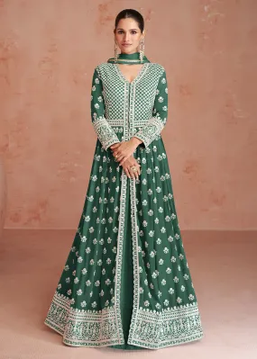 Dusty Green Slit Style Embroidered Georgette Skirt Anarkali Suit