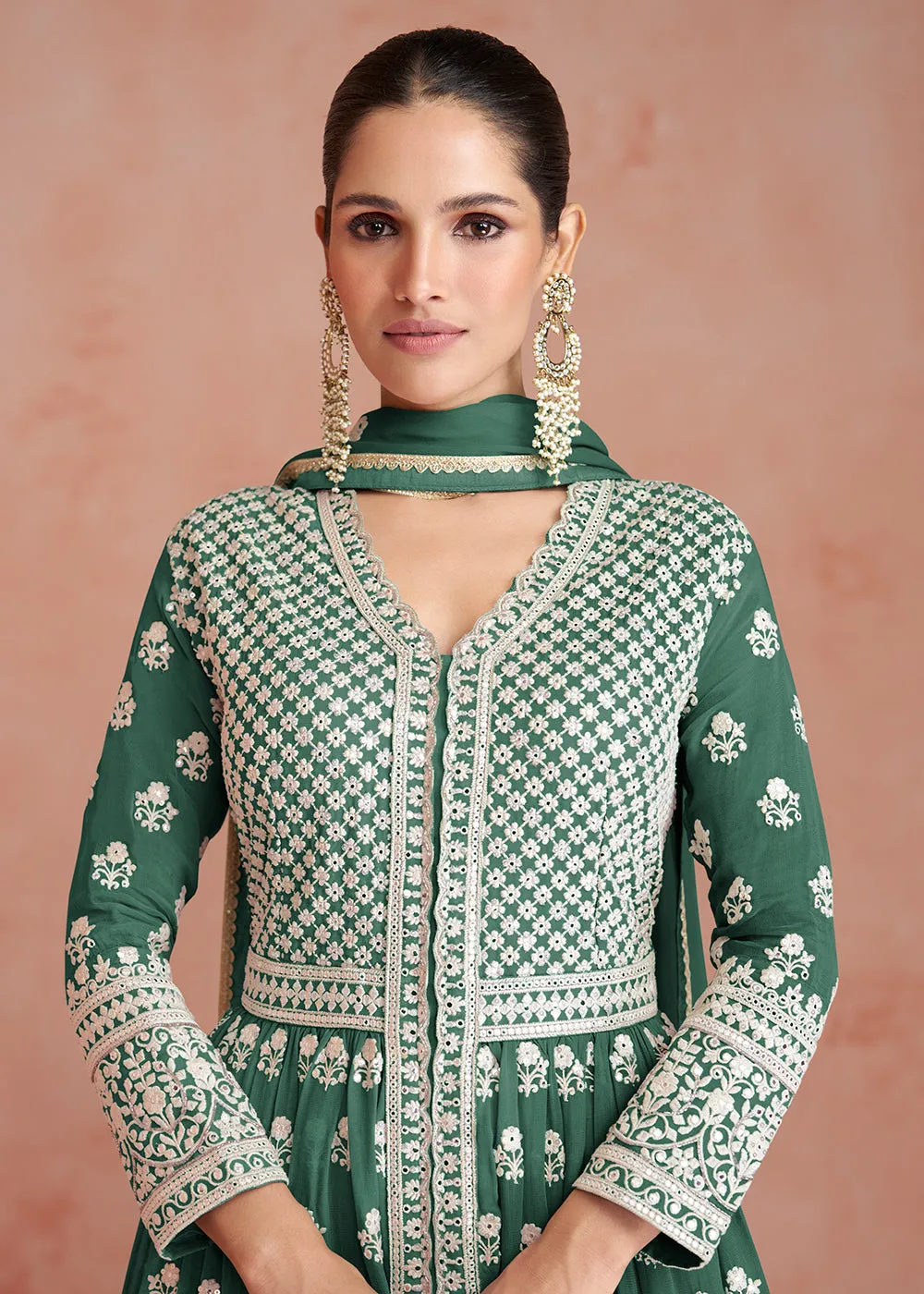 Dusty Green Slit Style Embroidered Georgette Skirt Anarkali Suit