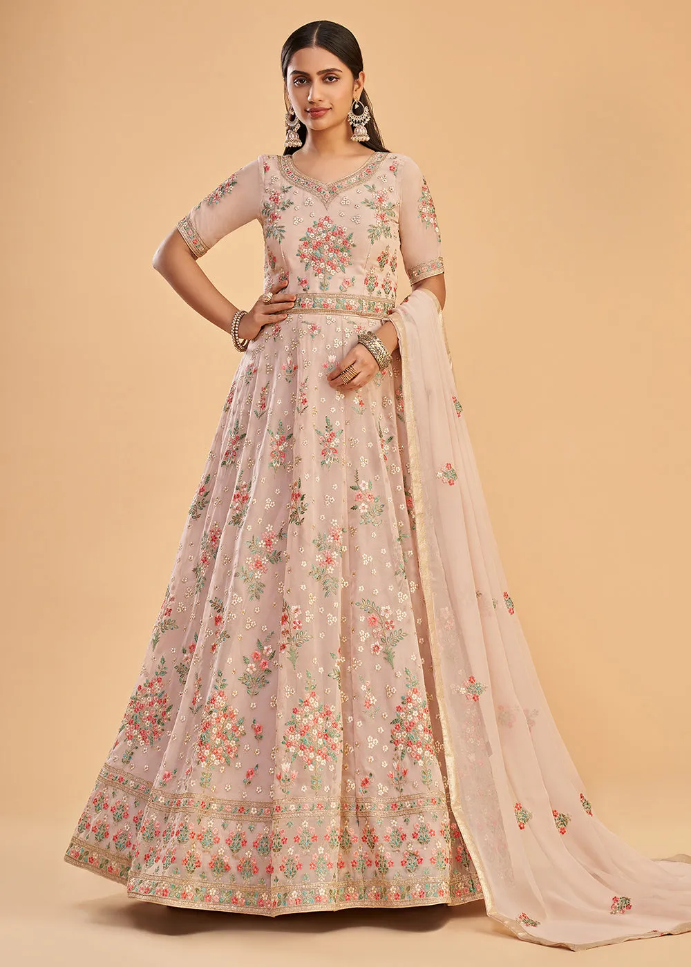 Dusty Pink Multi Thread Embroidered Georgette Anarkali Gown