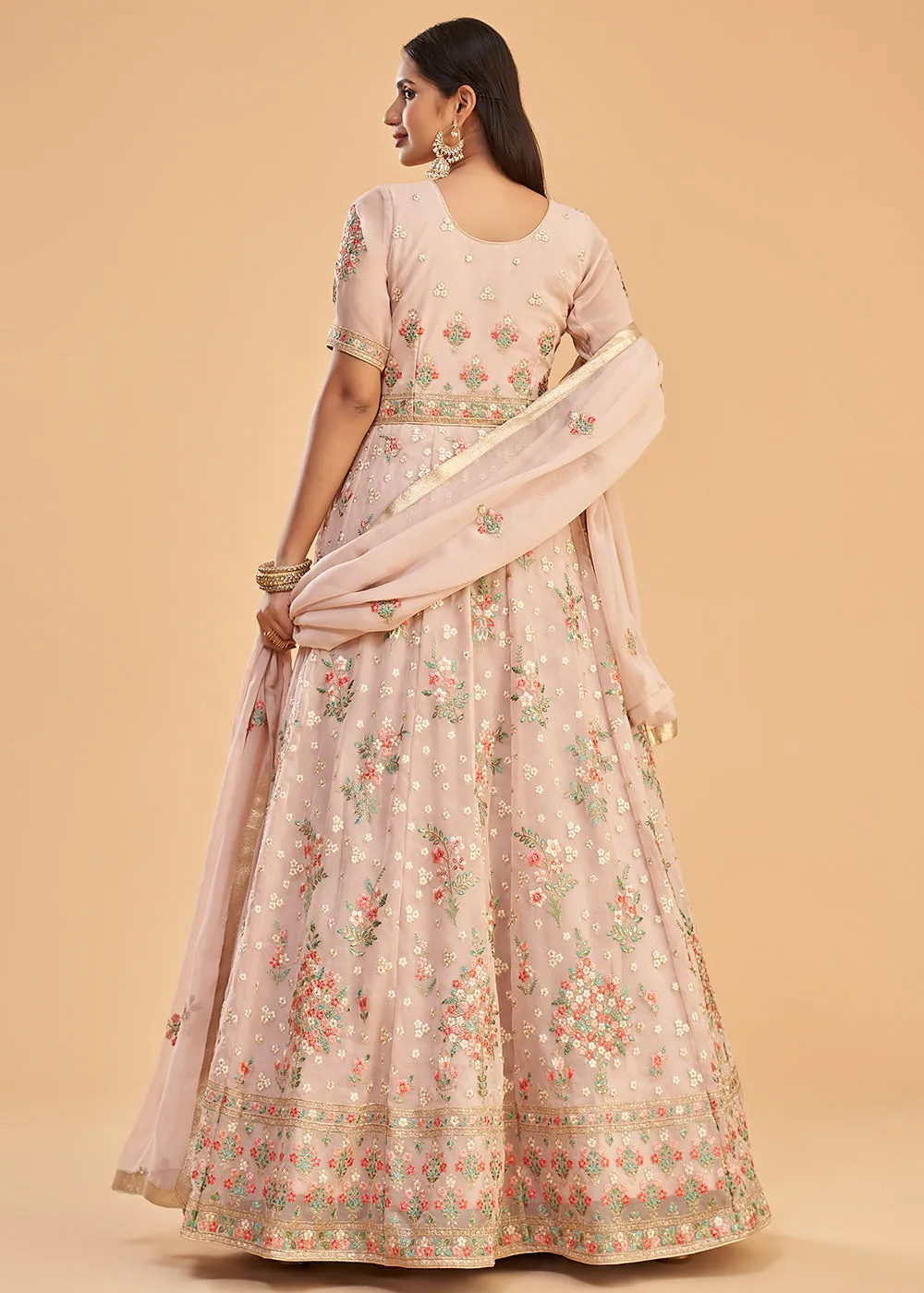 Dusty Pink Multi Thread Embroidered Georgette Anarkali Gown