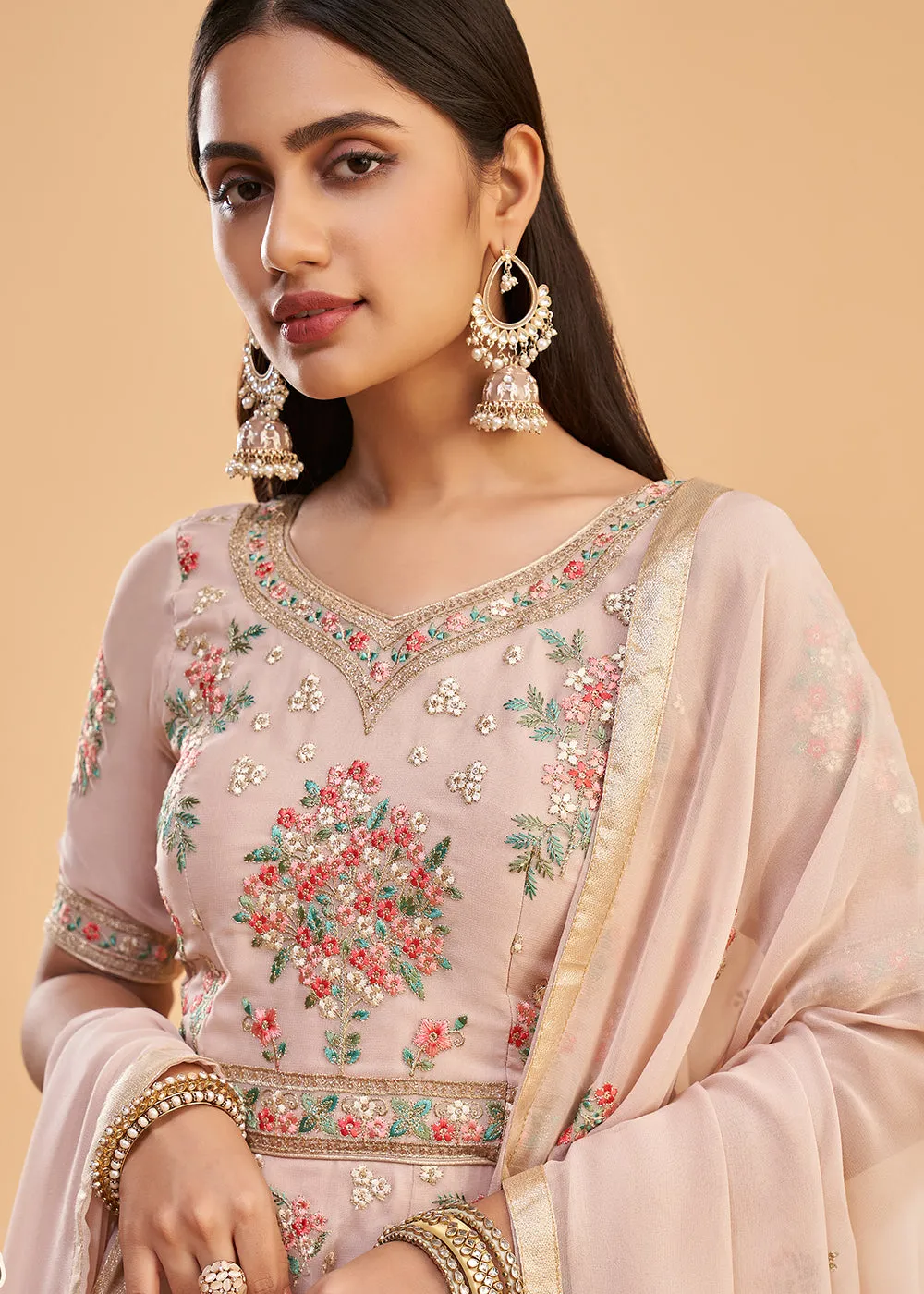 Dusty Pink Multi Thread Embroidered Georgette Anarkali Gown