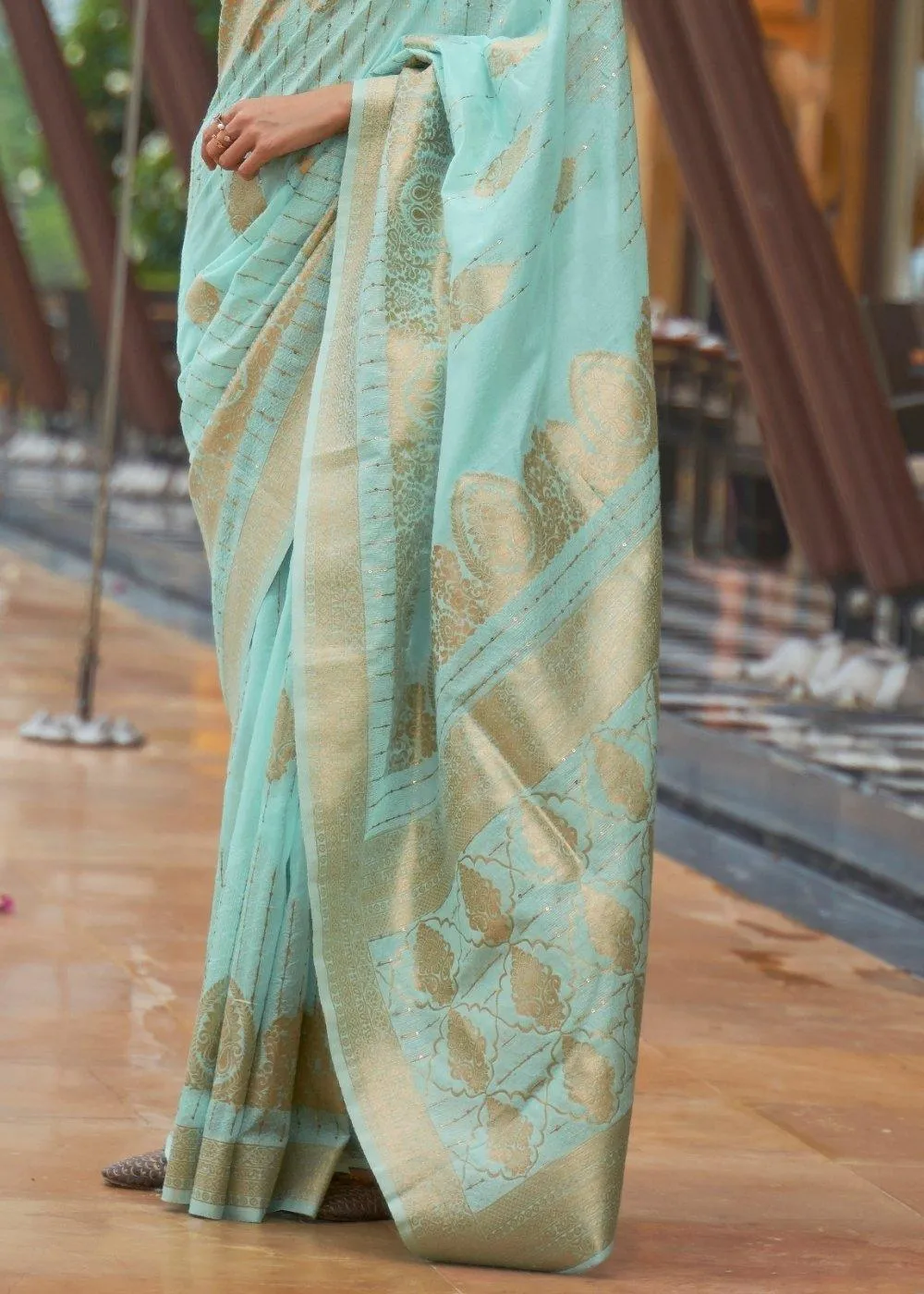 Electric Blue Zari Woven Silk Saree with Sequins work | Stitched Blouse