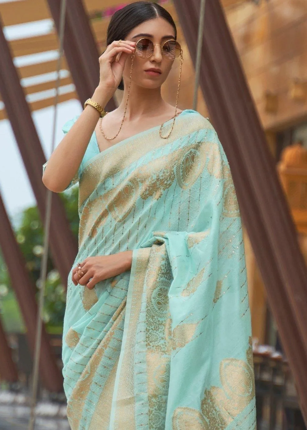 Electric Blue Zari Woven Silk Saree with Sequins work | Stitched Blouse