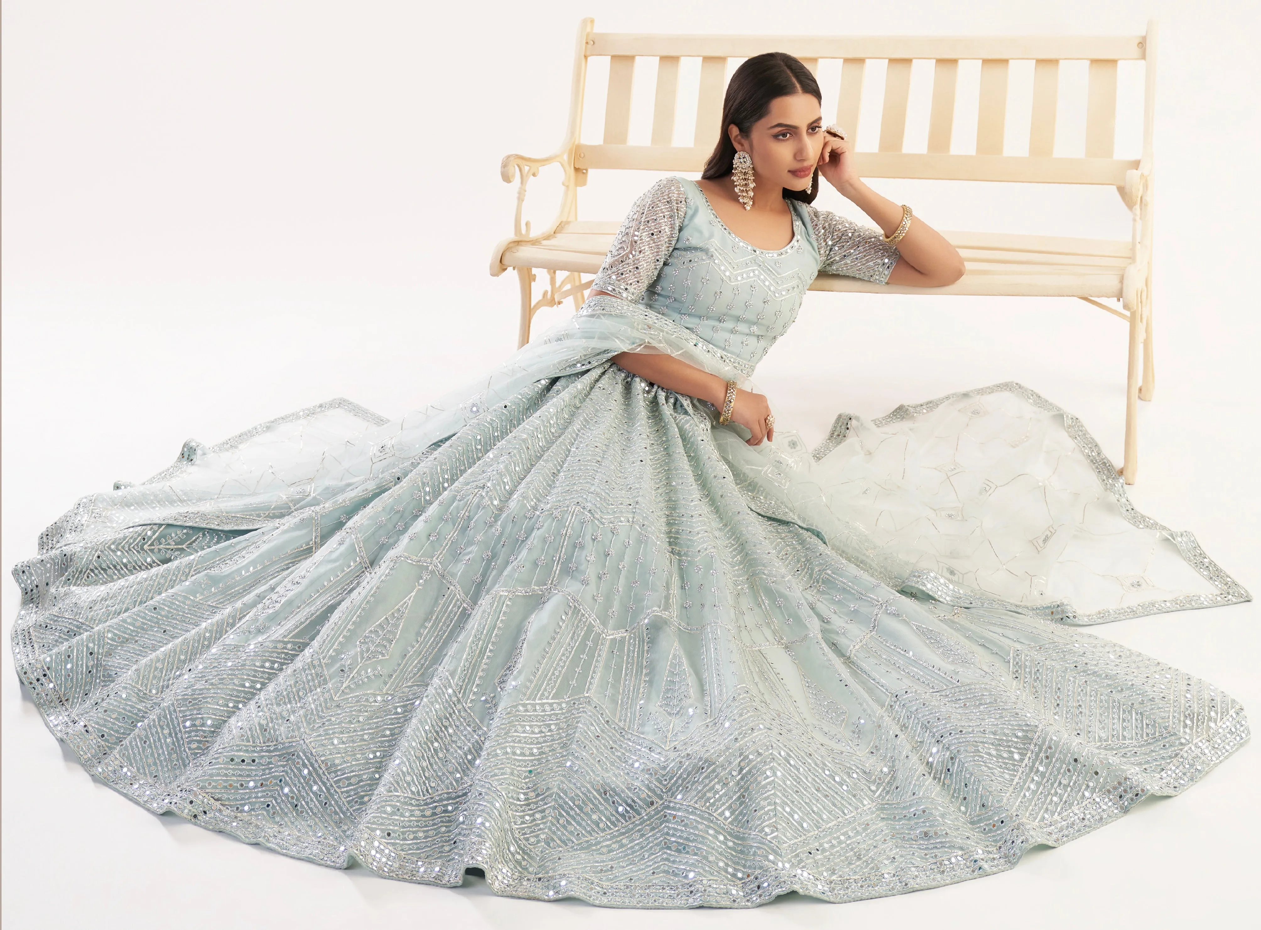 Elegant Pastel Ocean Blue Net Bridal Lehenga with Ribbon Gota Work and Heavy Zarkan Embellishments