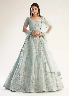 Elegant Pastel Ocean Blue Net Bridal Lehenga with Ribbon Gota Work and Heavy Zarkan Embellishments