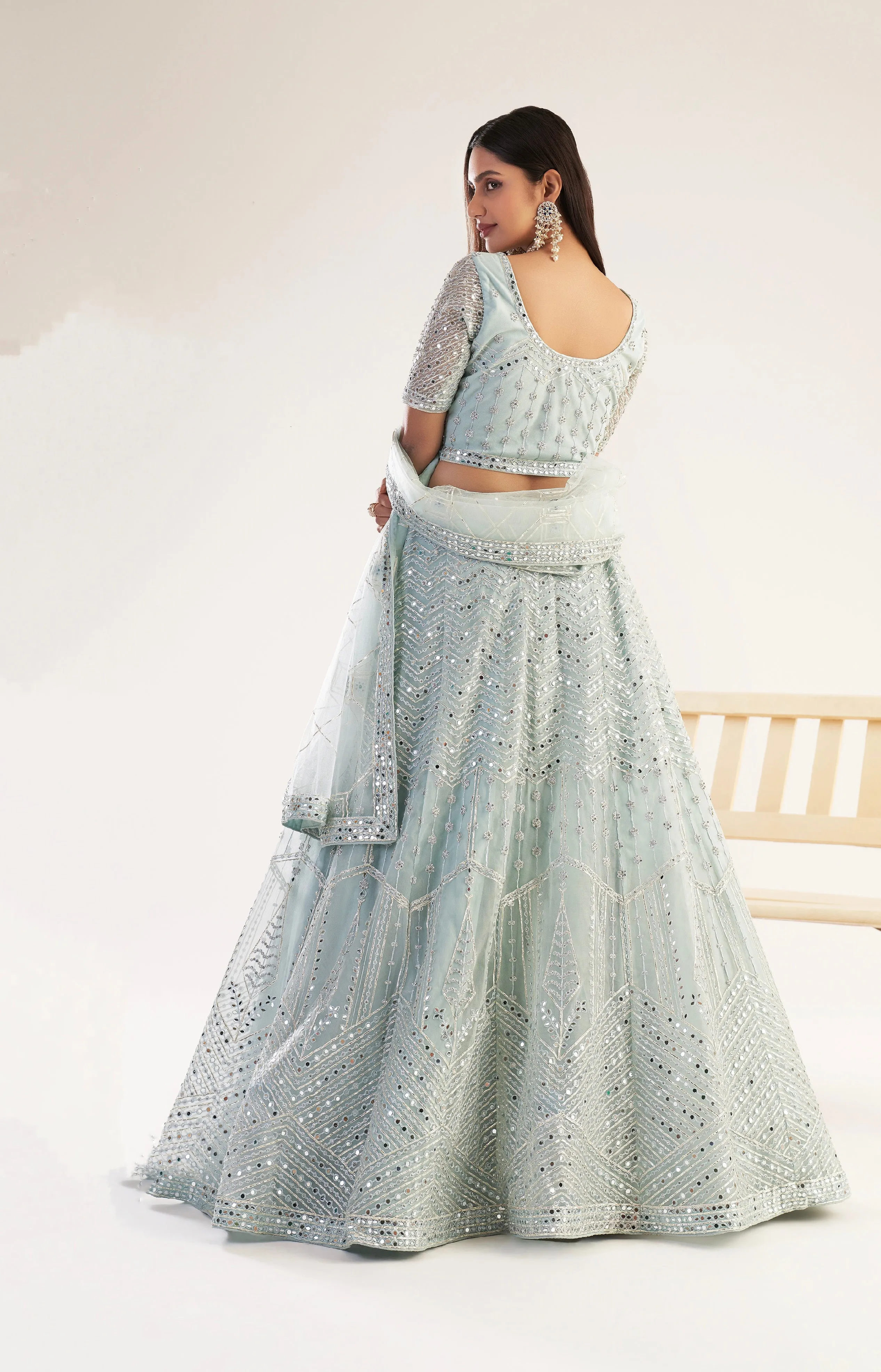 Elegant Pastel Ocean Blue Net Bridal Lehenga with Ribbon Gota Work and Heavy Zarkan Embellishments