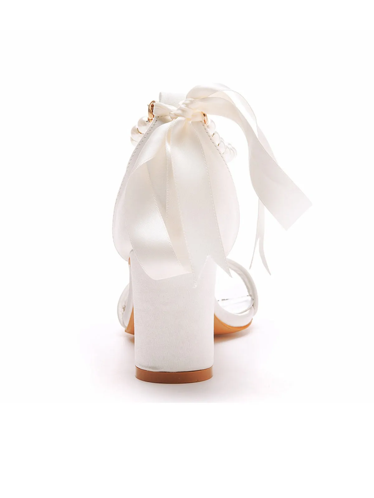 Elegant Pearl Ribbon Tie Satin Open Toe Ankle Strap Block High Heels