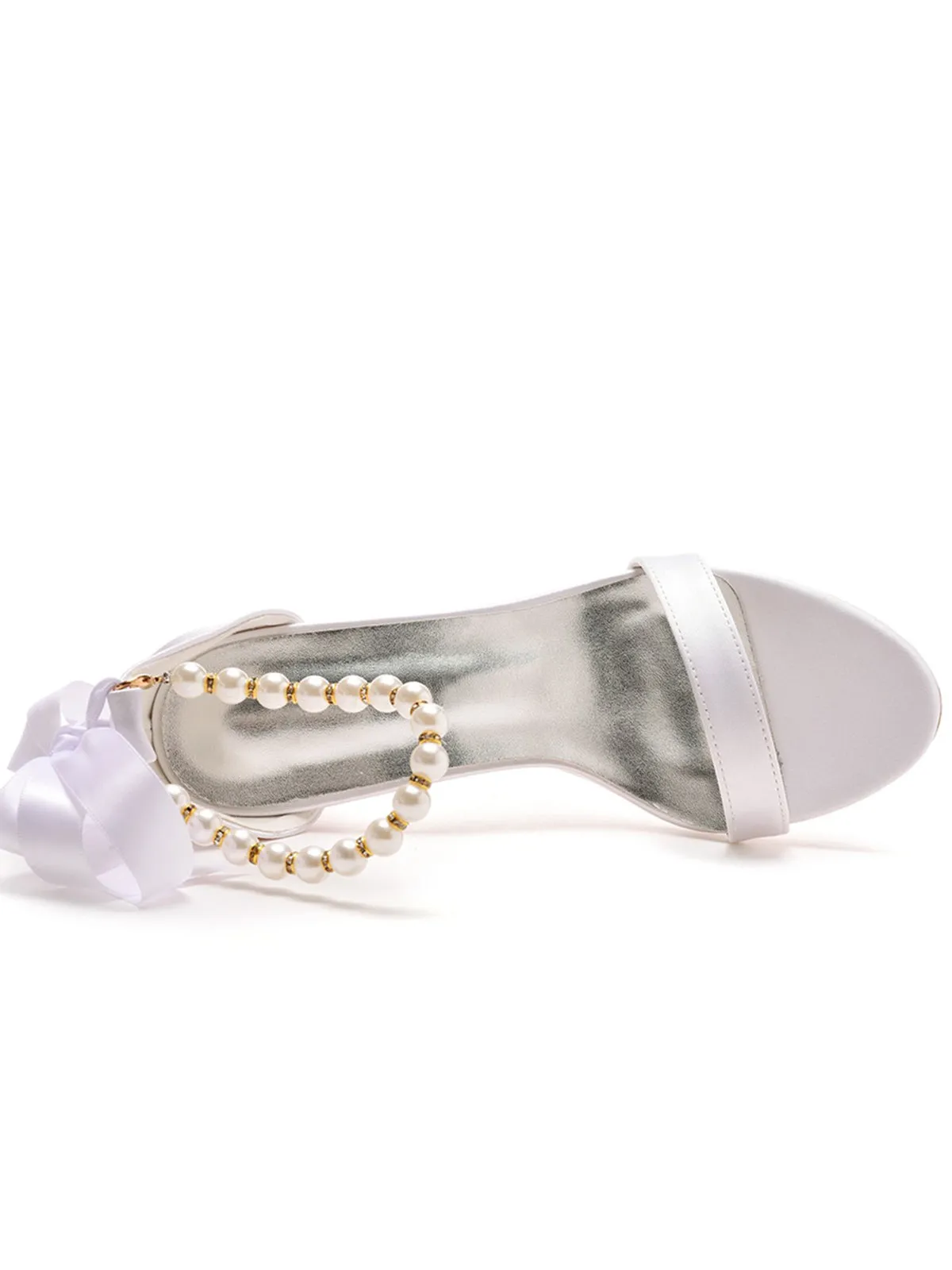 Elegant Pearl Ribbon Tie Satin Open Toe Ankle Strap Block High Heels