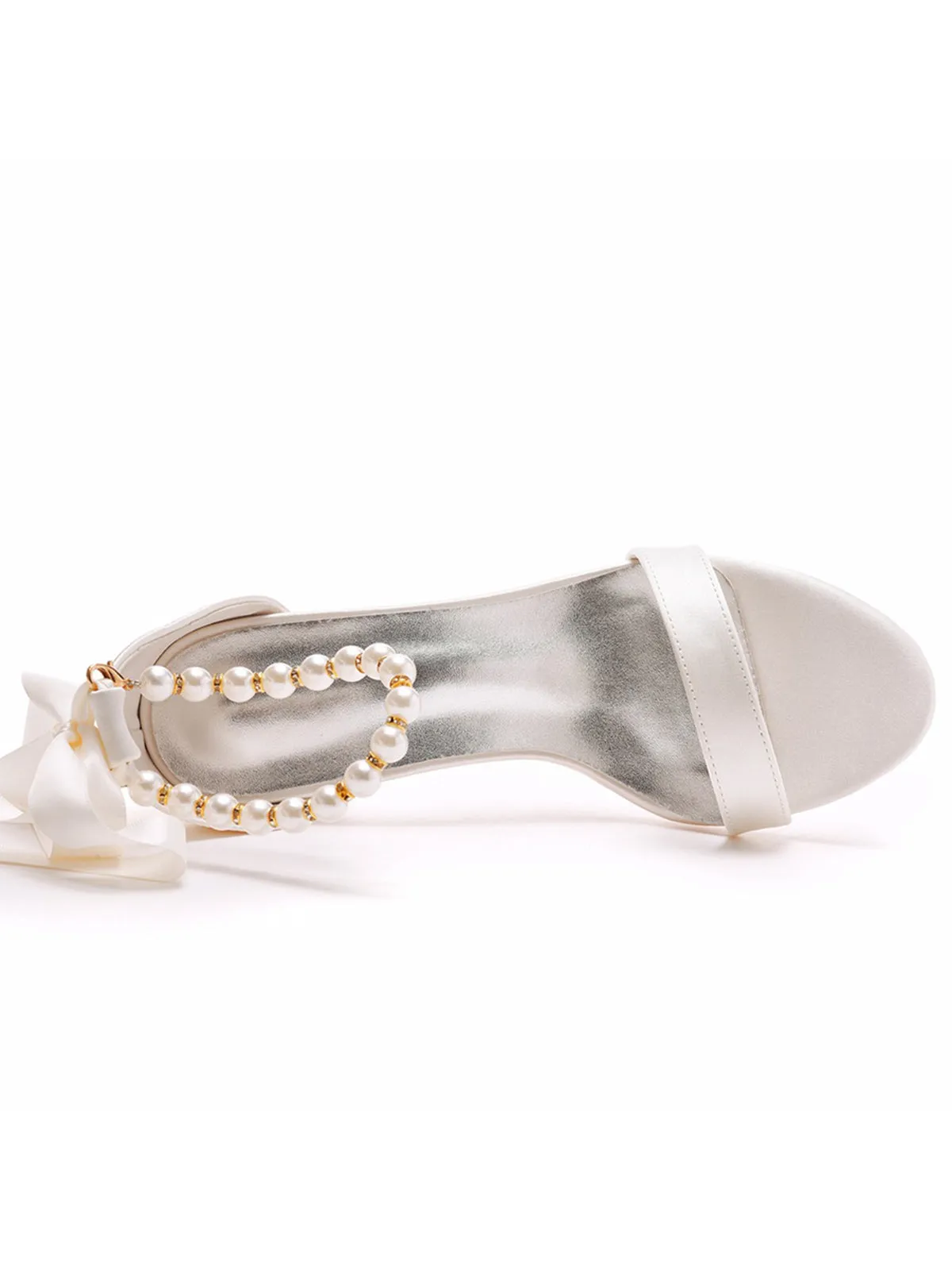 Elegant Pearl Ribbon Tie Satin Open Toe Ankle Strap Block High Heels