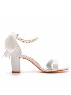 Elegant Pearl Ribbon Tie Satin Open Toe Ankle Strap Block High Heels