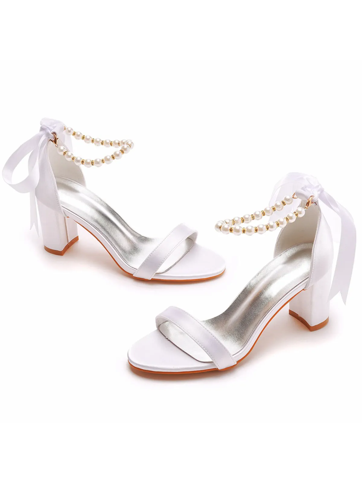 Elegant Pearl Ribbon Tie Satin Open Toe Ankle Strap Block High Heels