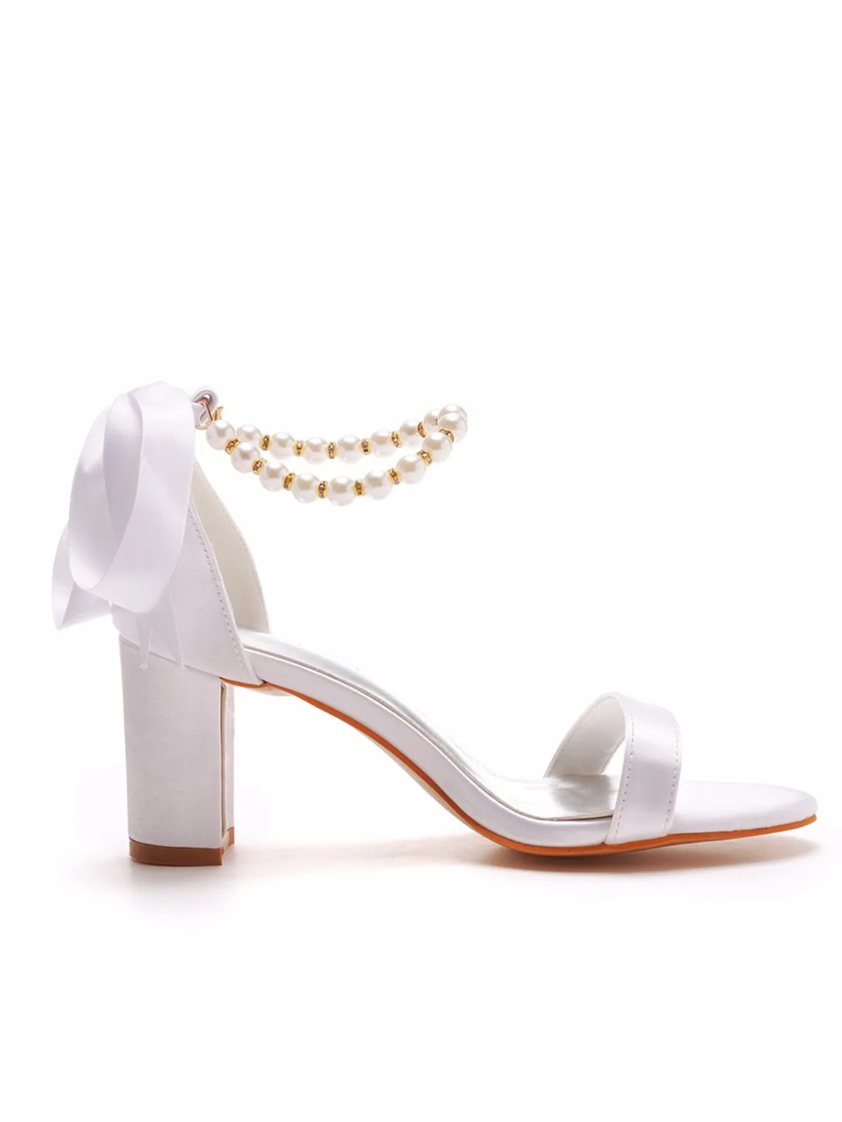 Elegant Pearl Ribbon Tie Satin Open Toe Ankle Strap Block High Heels