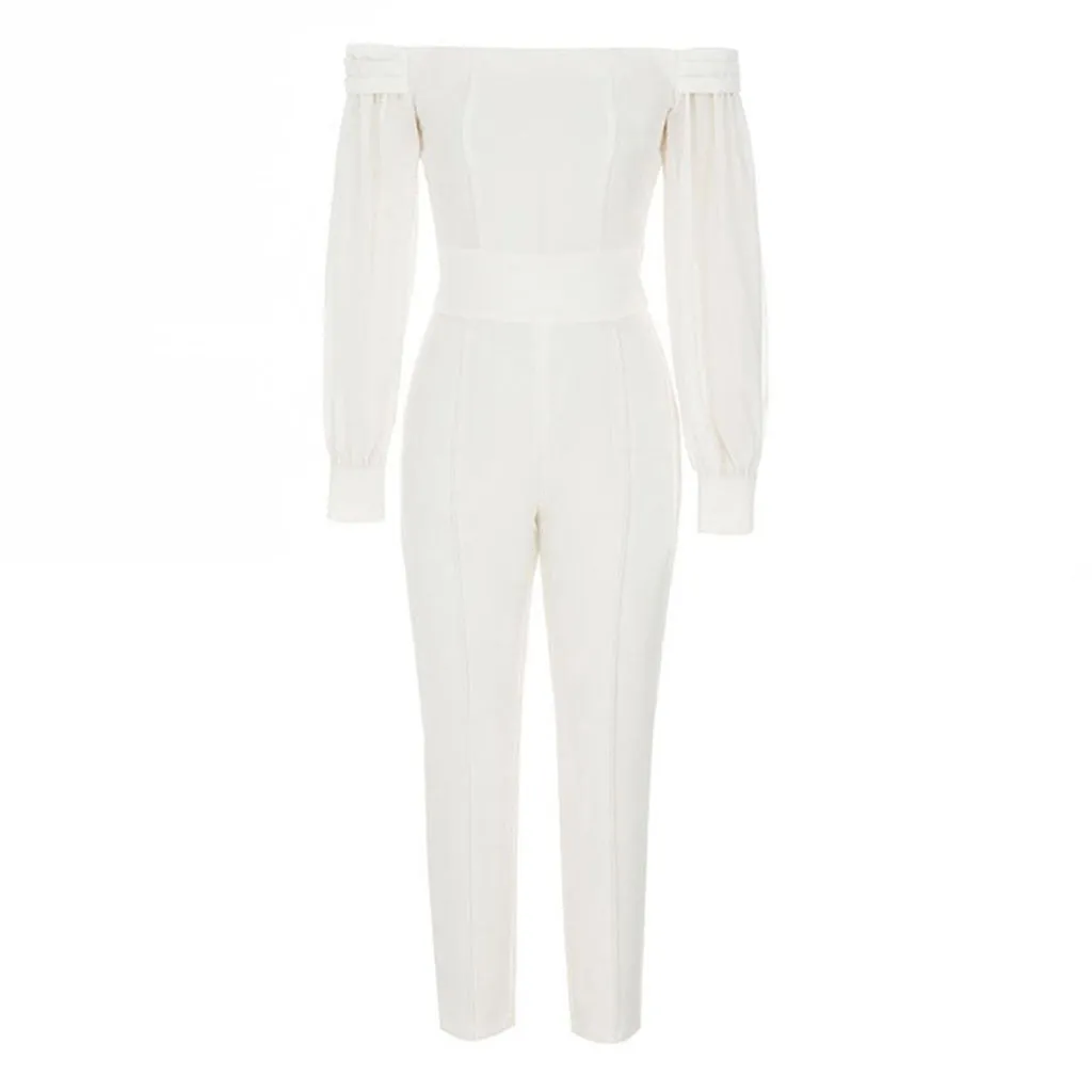 Elegant Solid Color Off The Shoulder Puff Sleeve Skinny Leg Jumpsuit