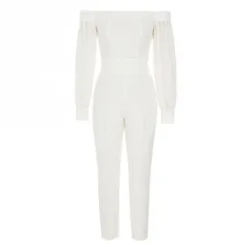 Elegant Solid Color Off The Shoulder Puff Sleeve Skinny Leg Jumpsuit