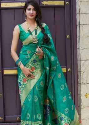 Emerald Green Silk Saree with Floral Motif Zari Border | Stitched Blouse
