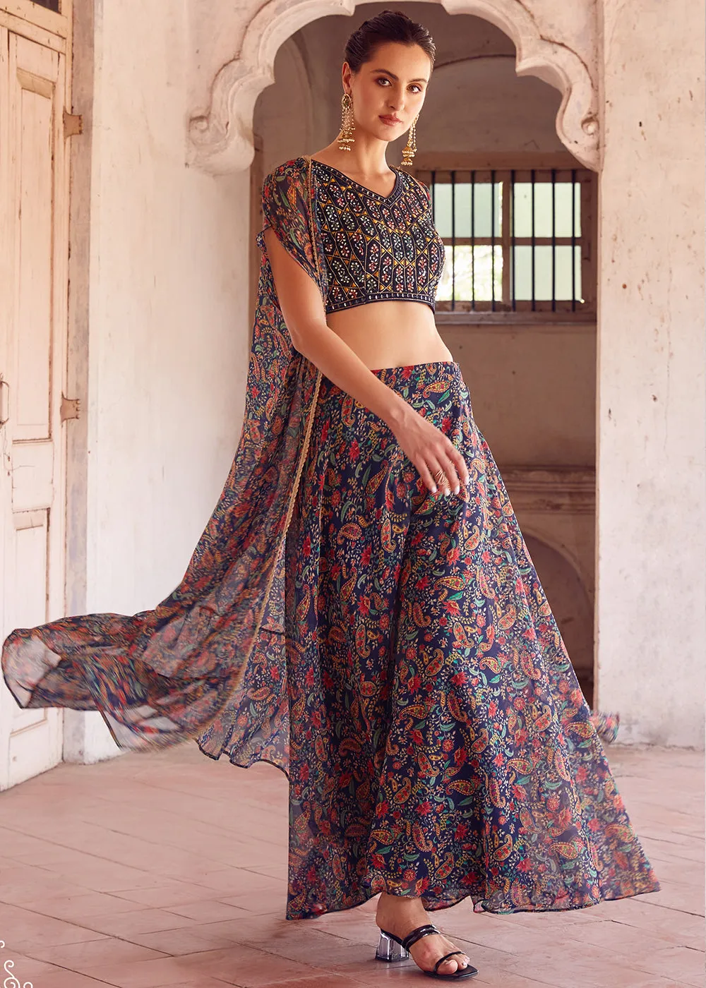Empress Navy Blue Designer Crop Top Lehenga