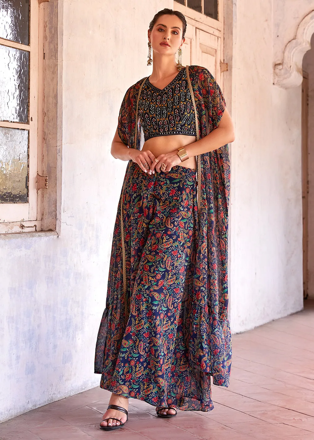 Empress Navy Blue Designer Crop Top Lehenga