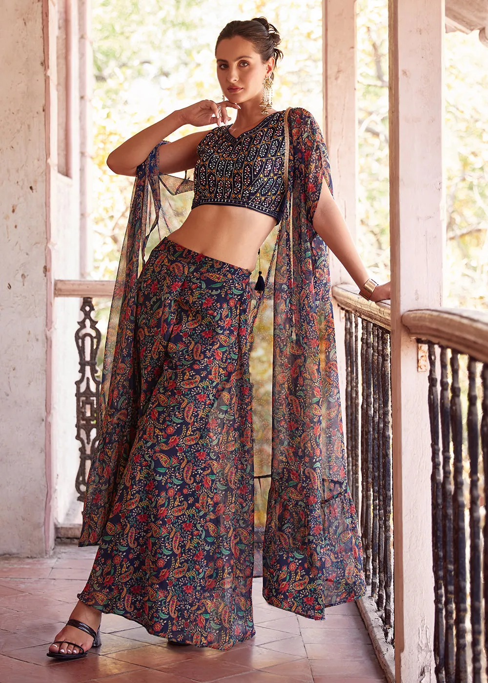 Empress Navy Blue Designer Crop Top Lehenga