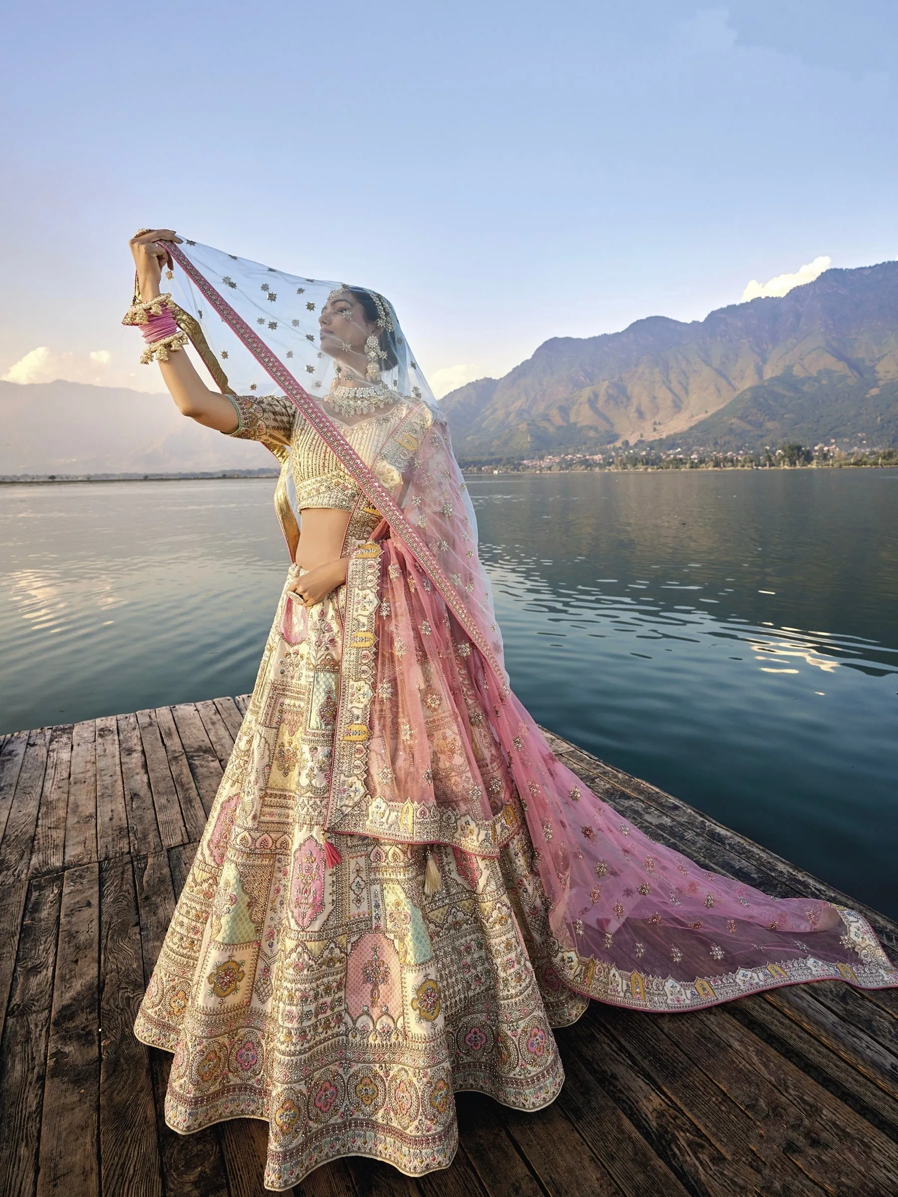 Exquisite Off-White Silk Circular Lehenga Set with Embroidered Heavy Net Dupatta