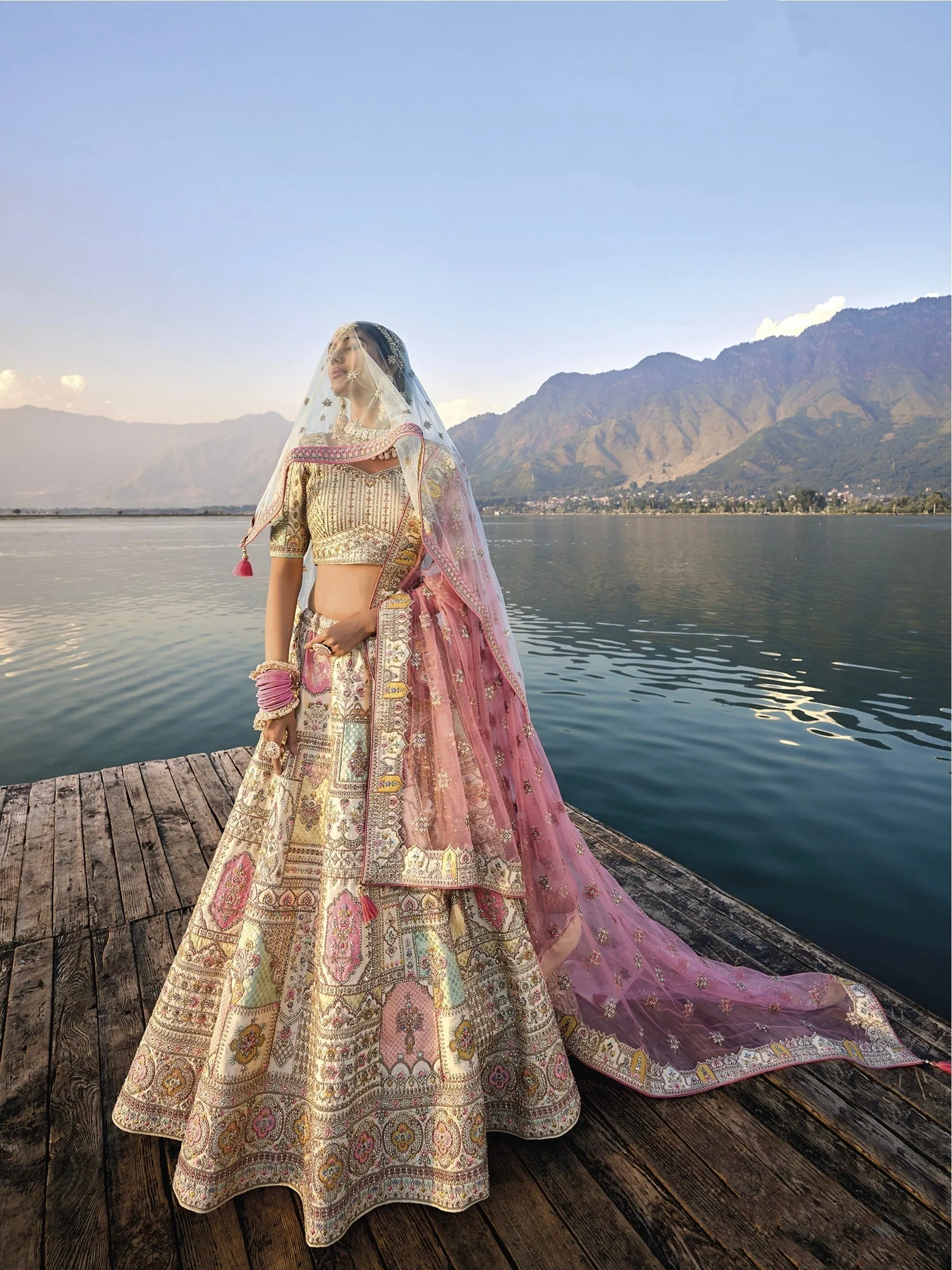 Exquisite Off-White Silk Circular Lehenga Set with Embroidered Heavy Net Dupatta