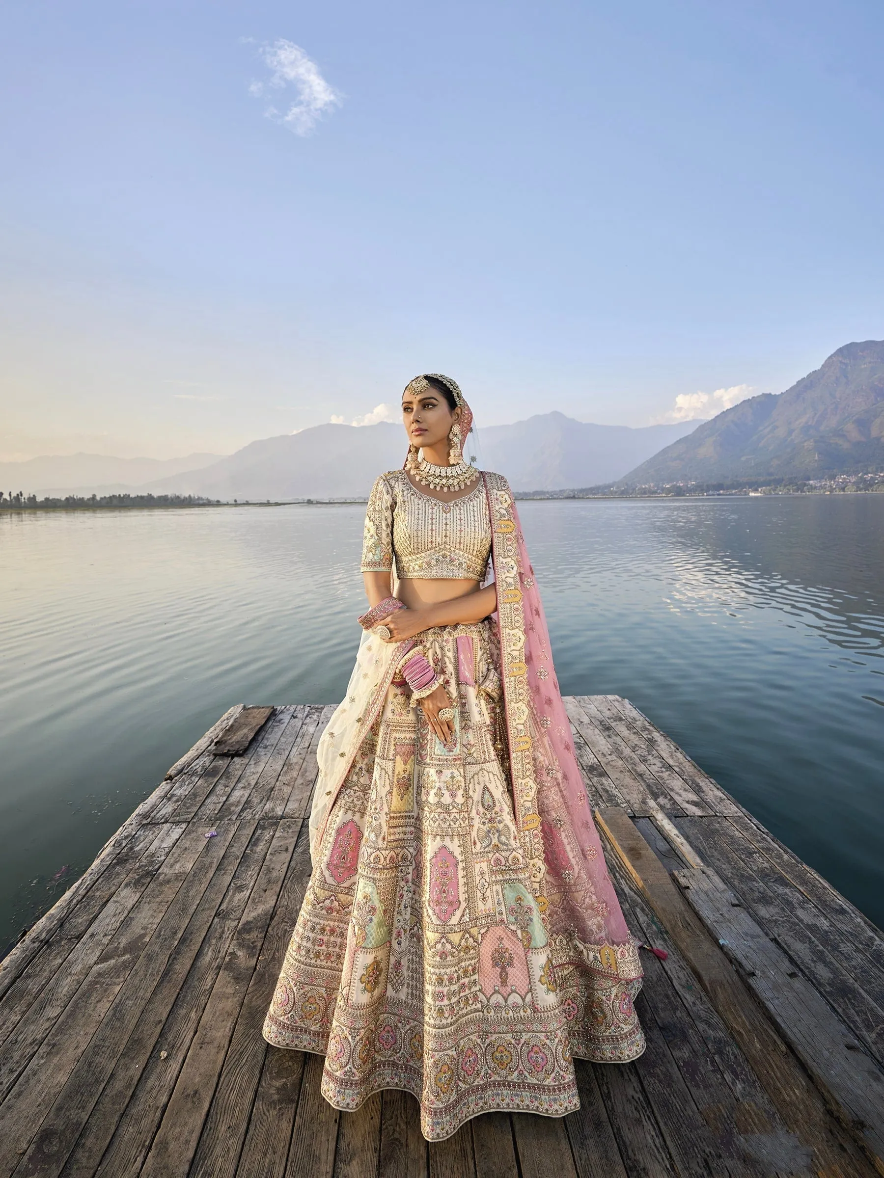 Exquisite Off-White Silk Circular Lehenga Set with Embroidered Heavy Net Dupatta