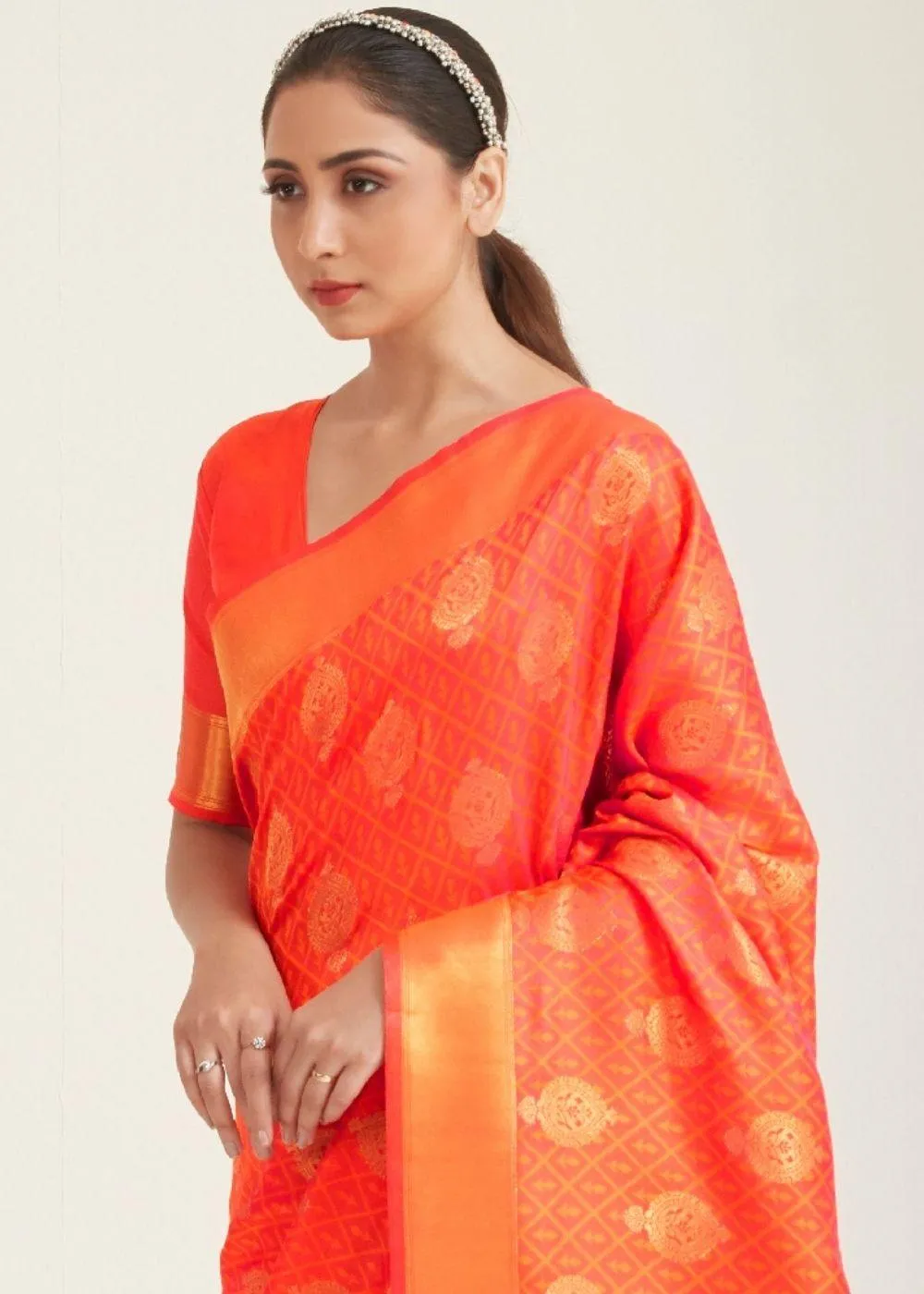 Fire Orange Zari Butta Woven Banasari Silk Saree | Stitched Blouse