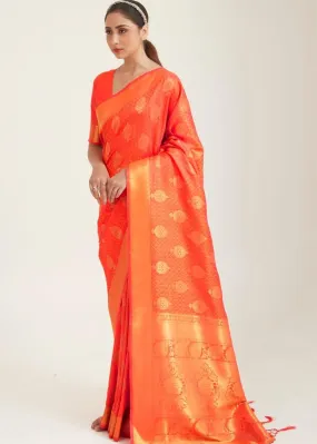 Fire Orange Zari Butta Woven Banasari Silk Saree | Stitched Blouse