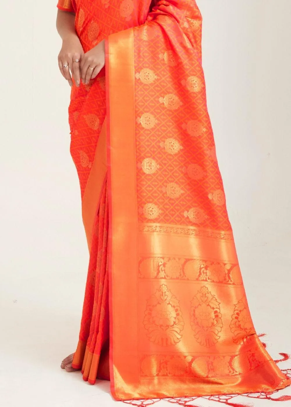Fire Orange Zari Butta Woven Banasari Silk Saree | Stitched Blouse