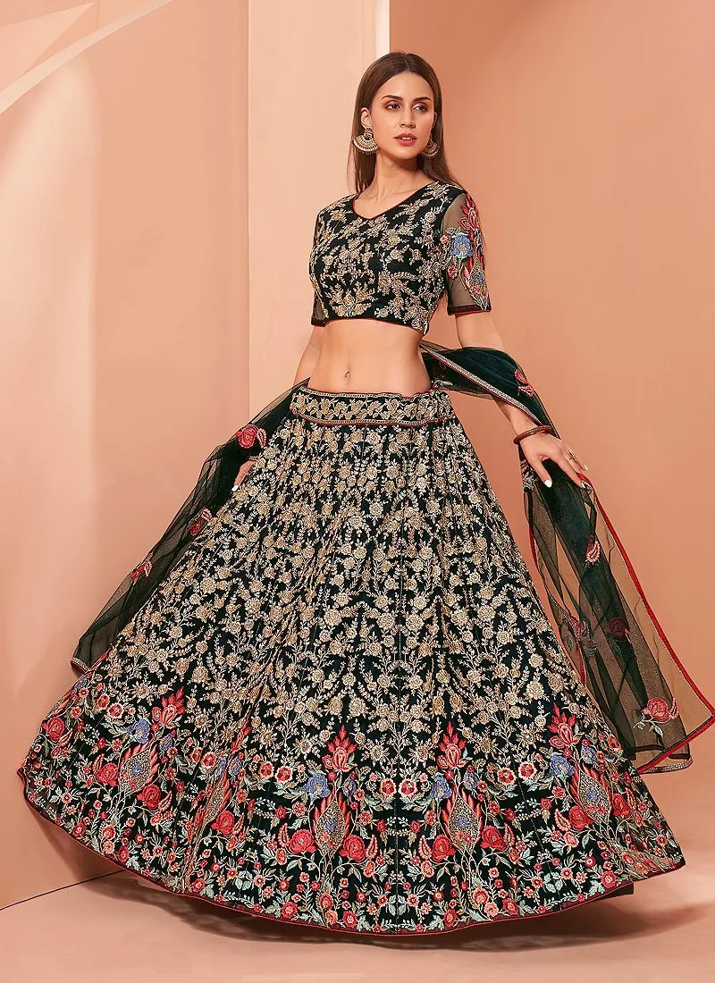 Floral Embroidered Bottle Green Bridal Lehenga Choli