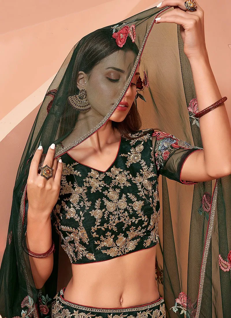 Floral Embroidered Bottle Green Bridal Lehenga Choli