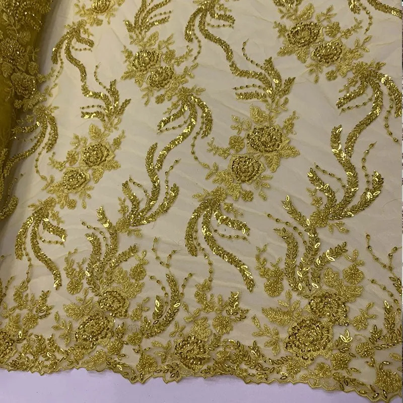 FRENCH FLOWERS BEADED MESH LACE FABRIC BY THE YARD