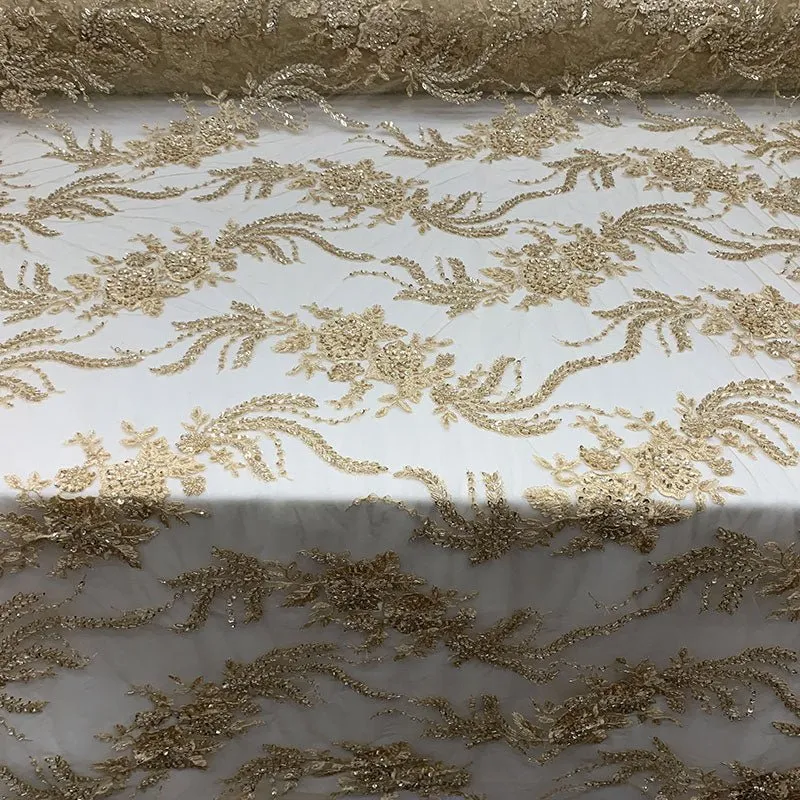 FRENCH FLOWERS BEADED MESH LACE FABRIC BY THE YARD
