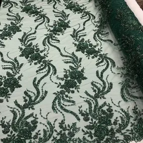 FRENCH FLOWERS BEADED MESH LACE FABRIC BY THE YARD
