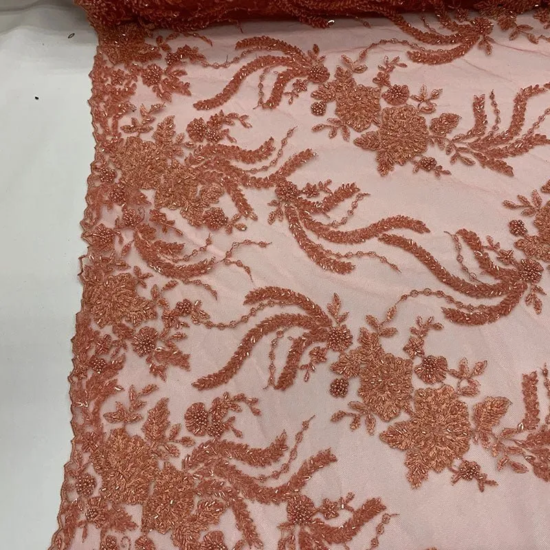 FRENCH FLOWERS BEADED MESH LACE FABRIC BY THE YARD