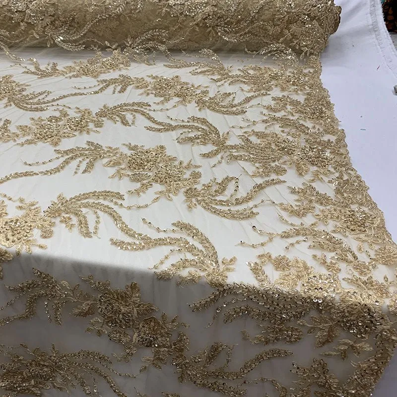 FRENCH FLOWERS BEADED MESH LACE FABRIC BY THE YARD