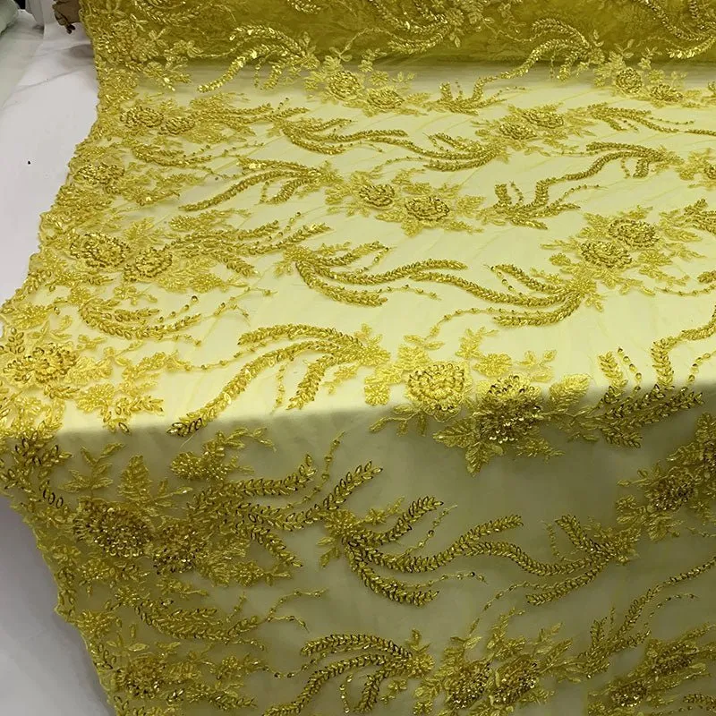 FRENCH FLOWERS BEADED MESH LACE FABRIC BY THE YARD